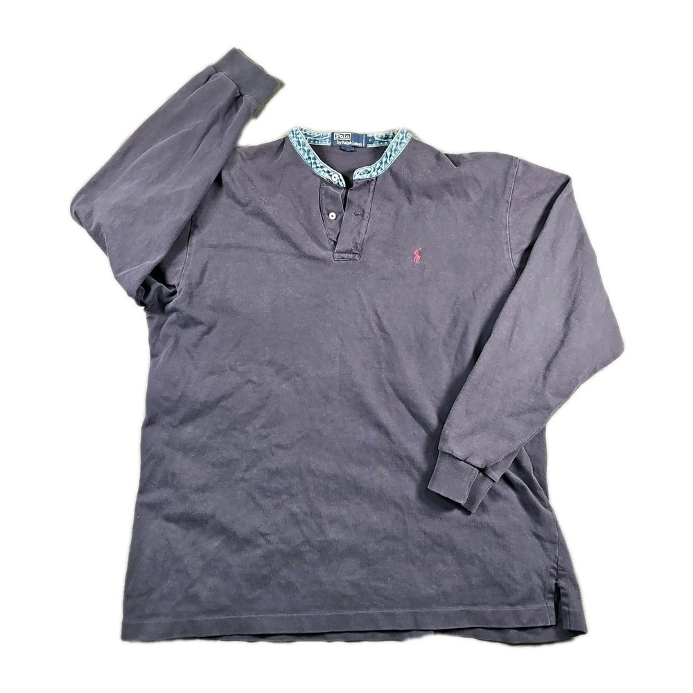 Polo by Ralph Lauren Sweatshirt Denim Collar Navy Blue‎ Red Pony Cotton Vtg